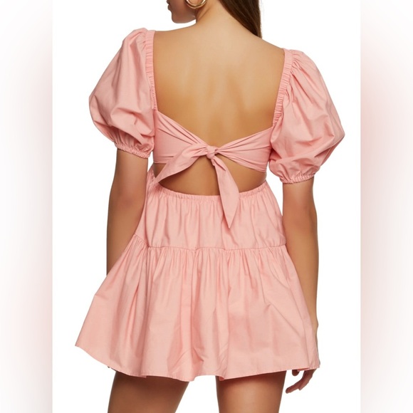 Poplin peach tie back tiered mini baby doll style dress nwot - Picture 3 of 4